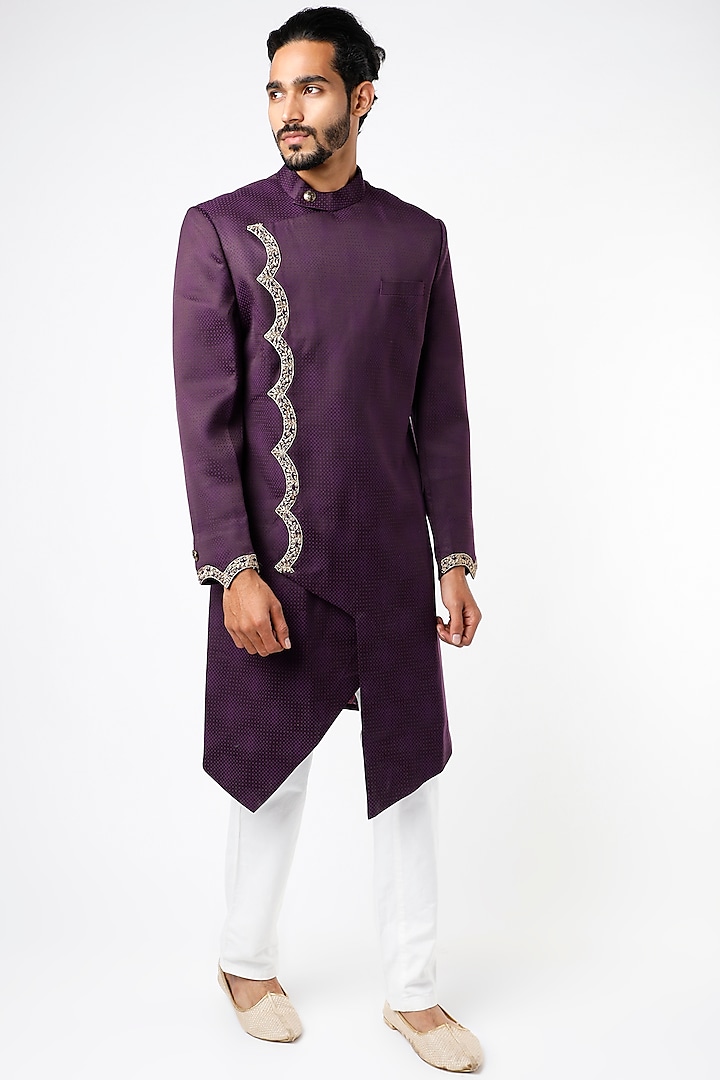 Purple Hand Embroidered Indowestern Jacket
 by YAJY By Aditya Jain